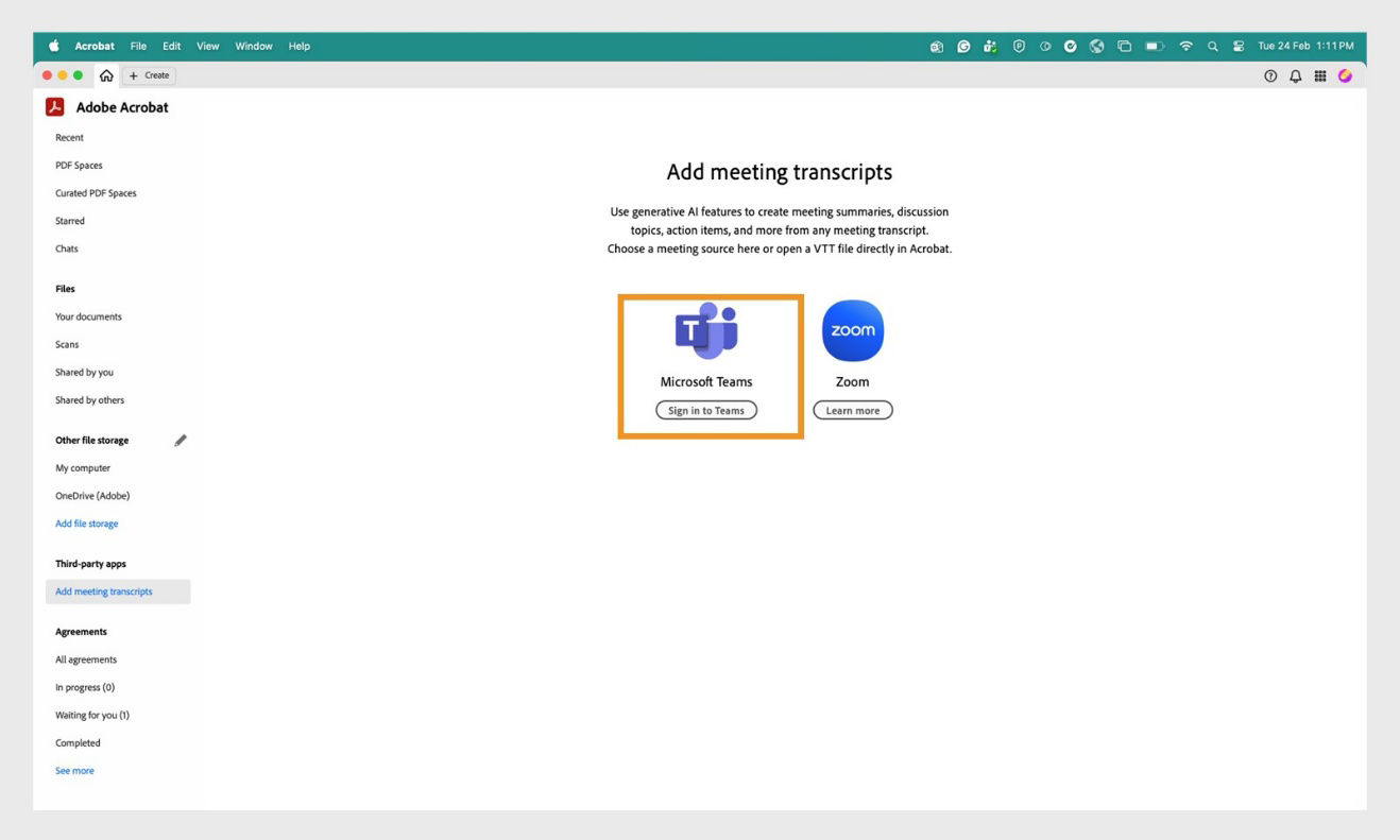  Add meeting transcripts page on Acrobat homepage with the Microsoft Teams sign‑in option highlighted.