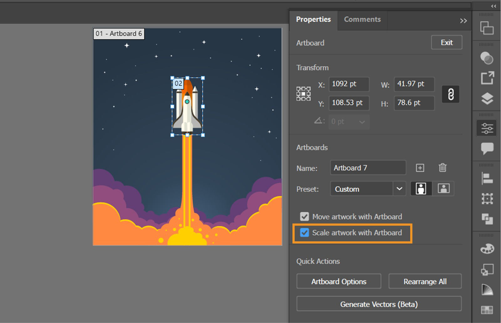 In Properties panel, Scale artwork with artboard is highlighted with the image of space shuttle launching where space shuttle is selected.