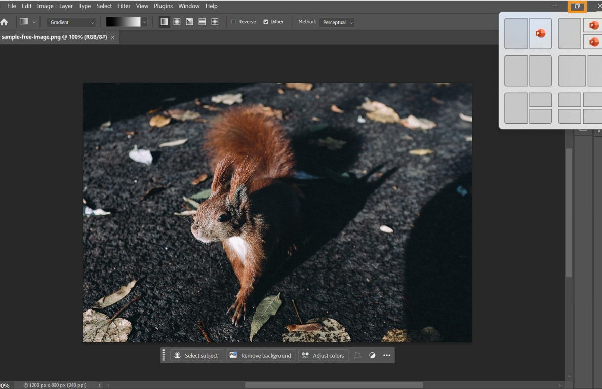  Photoshop workspace with a document open, highlighting the maximize/minimize button area where users can the access window arrangement presets.