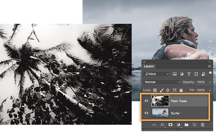 Layers panel in Photoshop shows palm trees and swimmer on two separate layers.