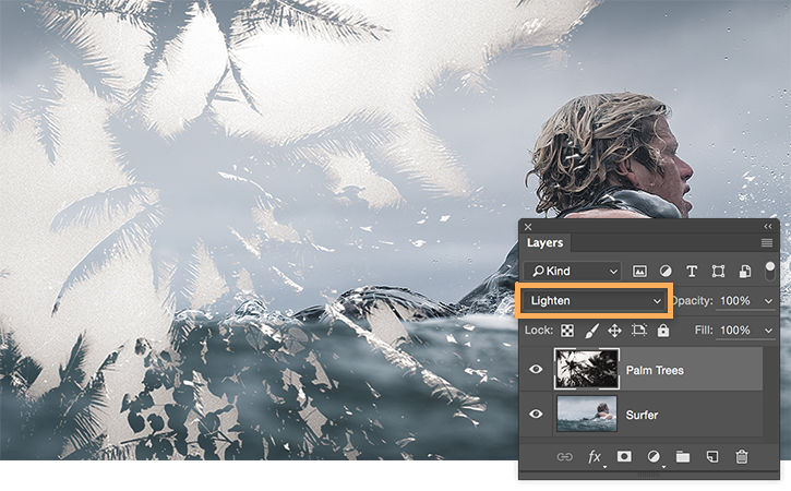 Palm trees layer is on top and Lighten Blend mode is selected. Swimmer shows through dark parts of palm tree image.
