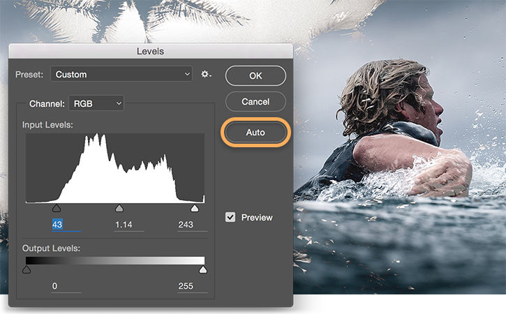 Bottom of both layers is selected. Image > Adjustments > Levels window is open, Auto is selected, waves now appear. 