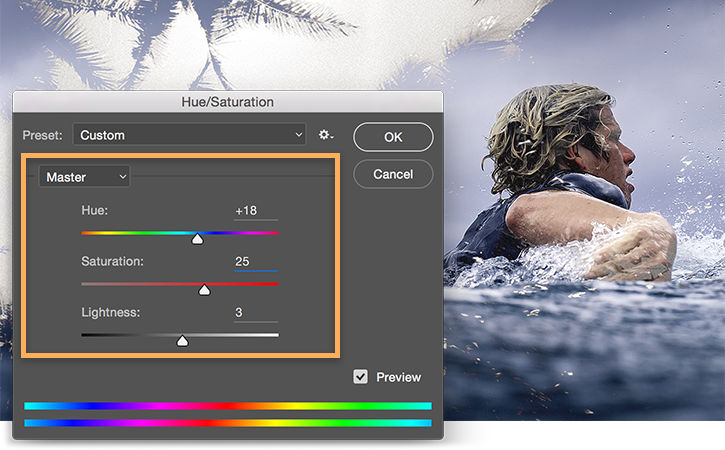 Image > Adjustments > Hue/Saturation window is open, sliders are adjusted to edit vibrancy of composition.