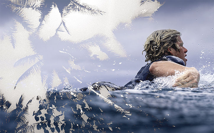 Final composition featuring swimmer and waves with pale palm trees in the background
