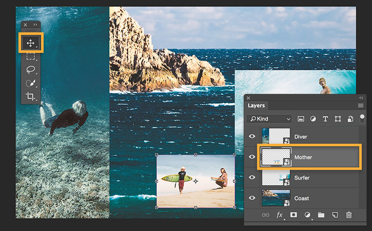 The Move tool is used to reposition images. Control or Command T is used to scale, skew, and resize images. 