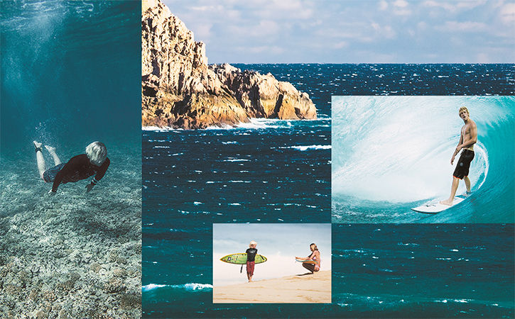 Composition featuring man swimming underwater, ocean with cliff, man surfing, and surfer on beach.  
