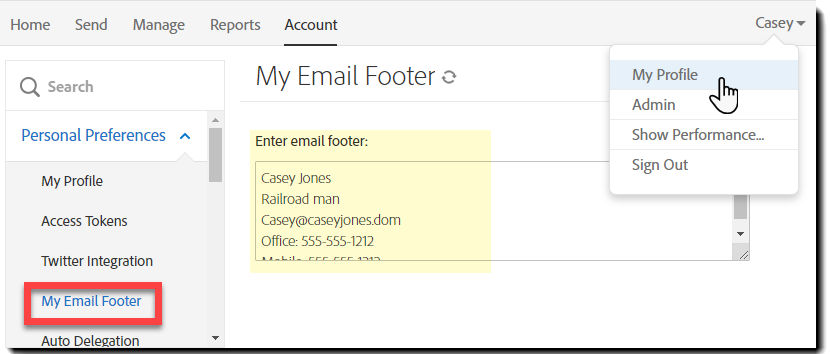 Navigate to email footer