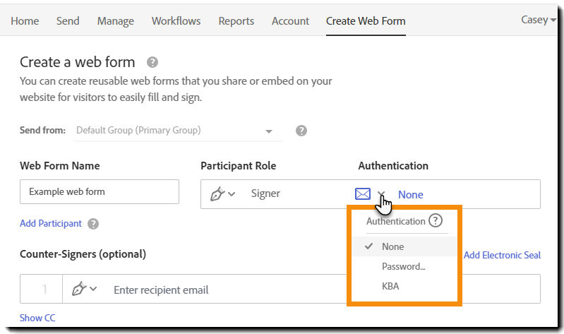 Second factor authentications for a Web form