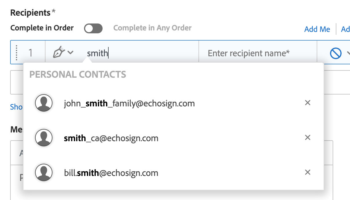 Example of a part of an email typed into a recipient field showing the address match in the middle of the string.