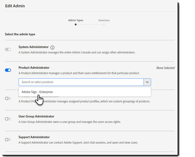 Select Acrobat Sign from the product list