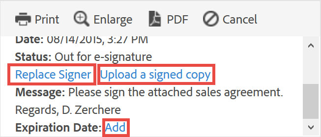 Replace Signer and Upload Copy links in the transaction metadata.