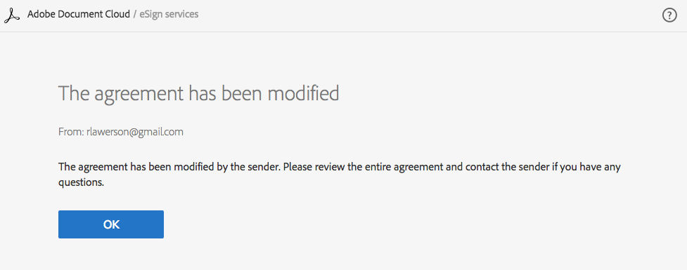 The "Agreement has been modified" notification message