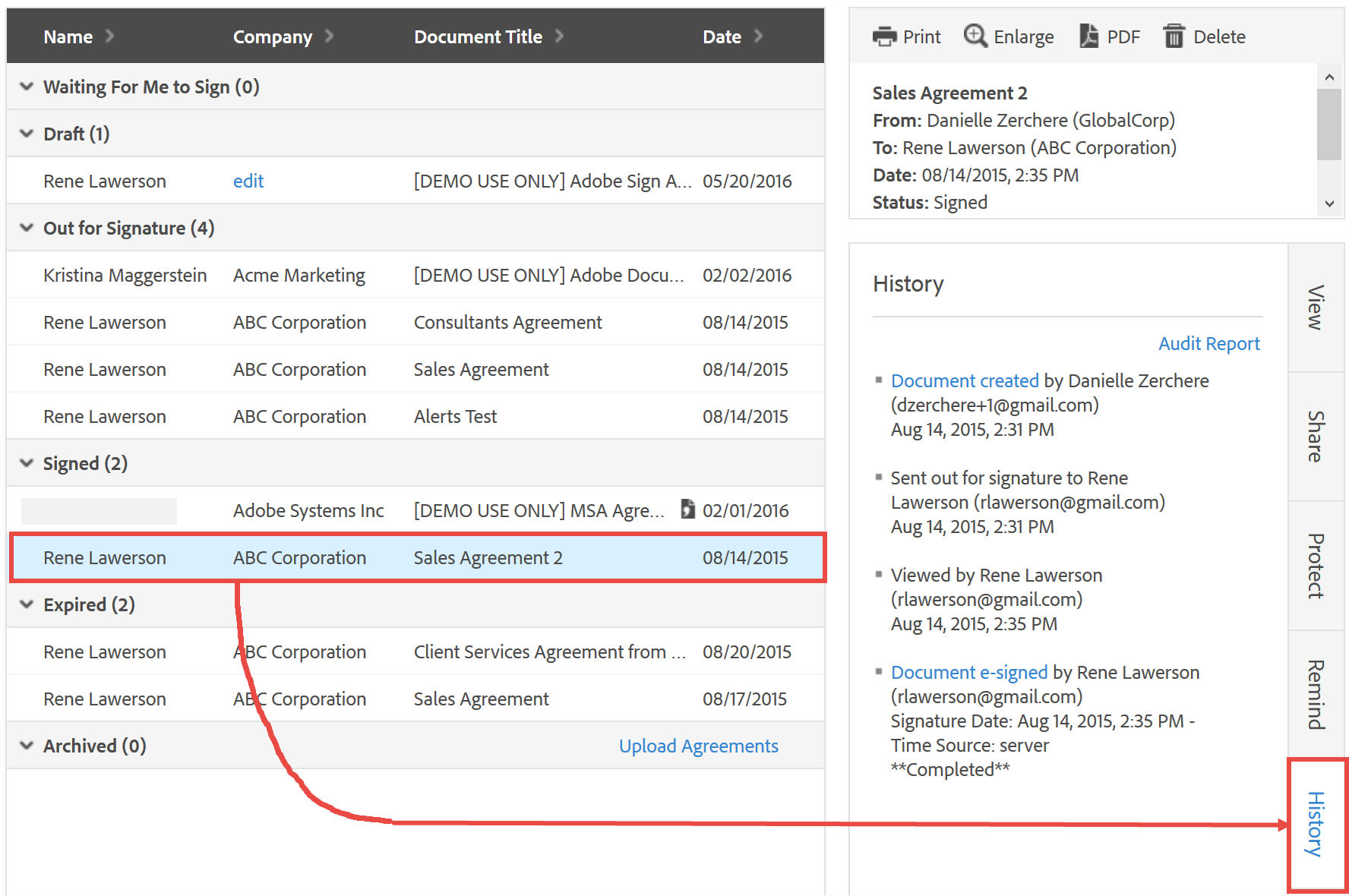 The Adobe Sign Manage tab