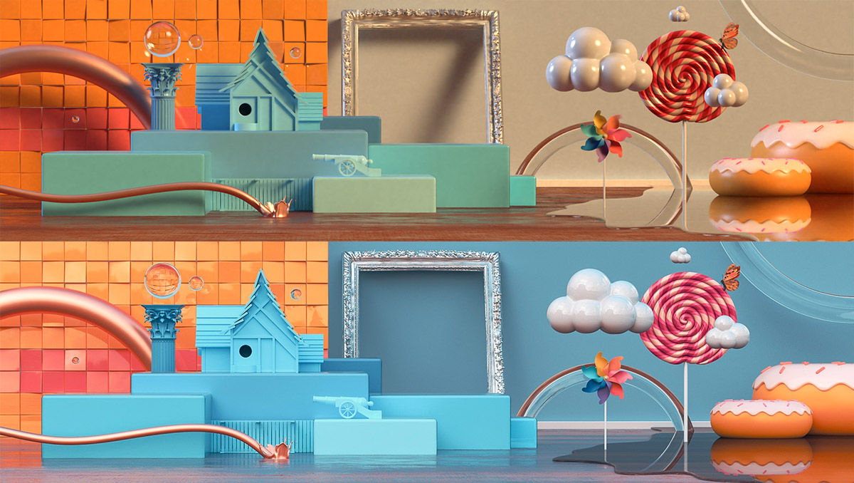 The same 3D scene with different lighting can drastically change the mood of a design.