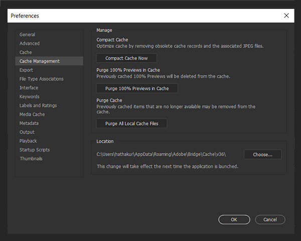 Cache Management preferences