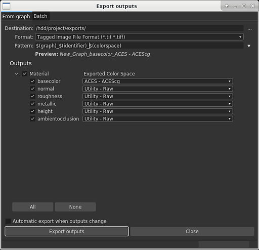 Export outputs dialog