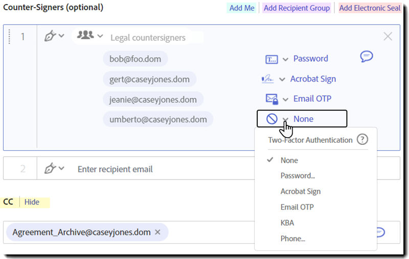 The counter-signer section of the web forms page with the authentication methods exposed