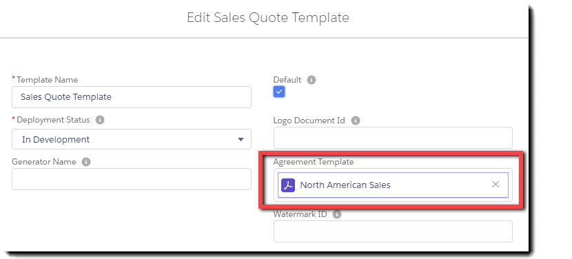 Select the Agreement Template to link to the Quote template