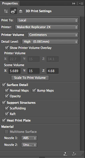 Pengaturan Cetak 3D di panel Properti Photoshop