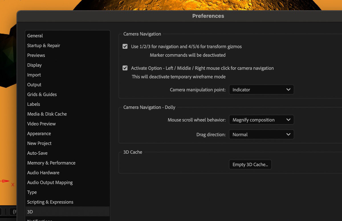 The 3D preference dialog box is open and there are 3D-related settings listed.