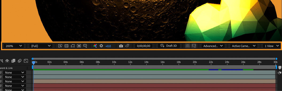 The composition toolbar with 3D turned off (top) and turned on (bottom)