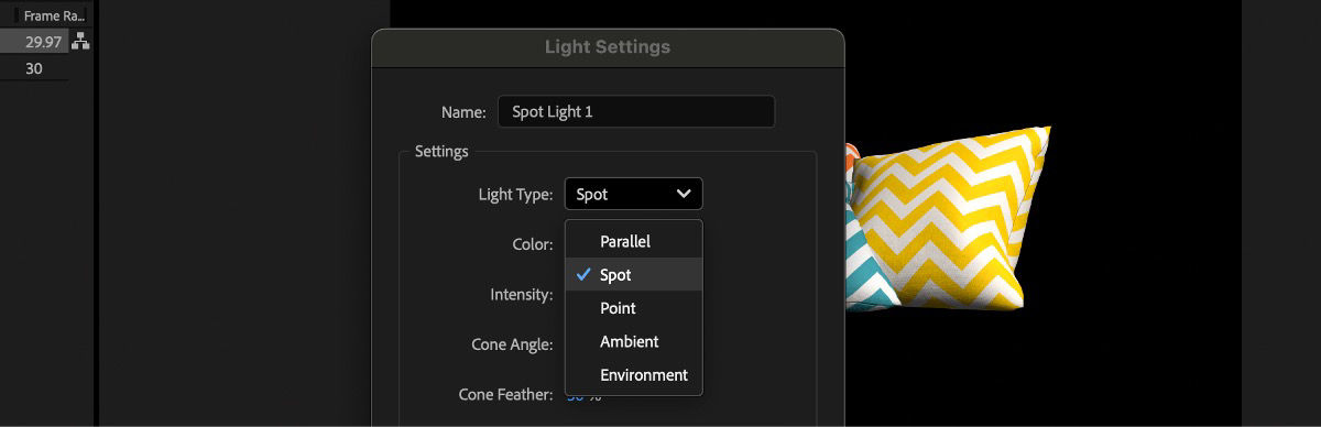 The Light Settings dialog box is open and for the Light Type, Spot is selected from the list.