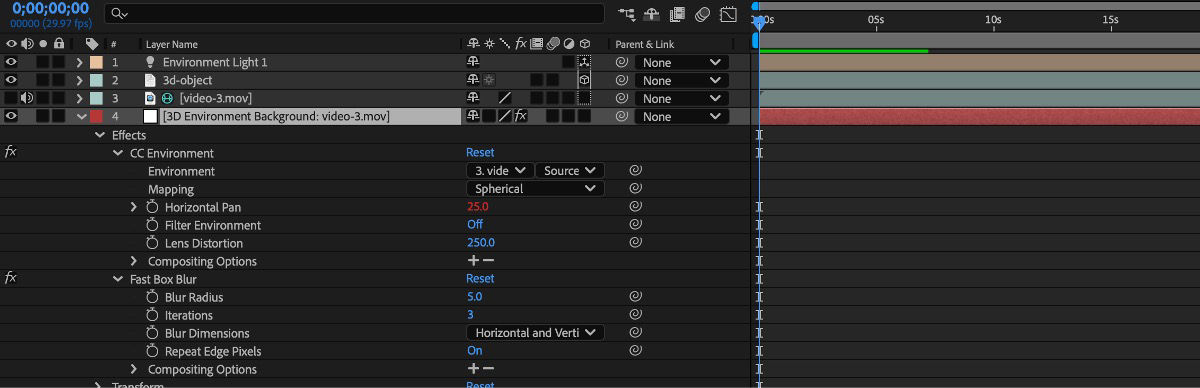 The properties for the new light layer are displayed, showing the Environment light. This action creates a solid layer at the bottom of the composition, with the CC Environment linked to the selected light's Source map and a 5px Fast Box Blur applied to soften the background.