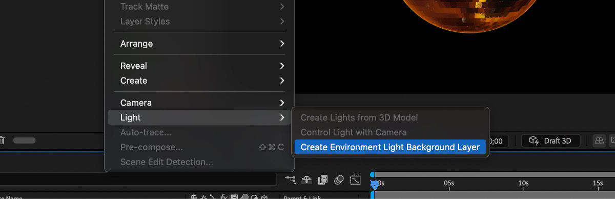 The Layer menu is open and the Light submenu is selected from the list. From the Light menu, Create Environment Light Background Layer is selected.