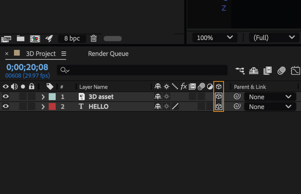 3D Layer switch activated for a text layer in a composition.