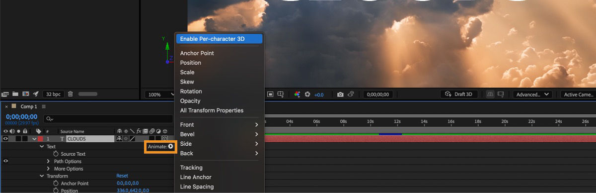 The Animate menu for a layer is open and the Enable Per-character 3D is highlighted.