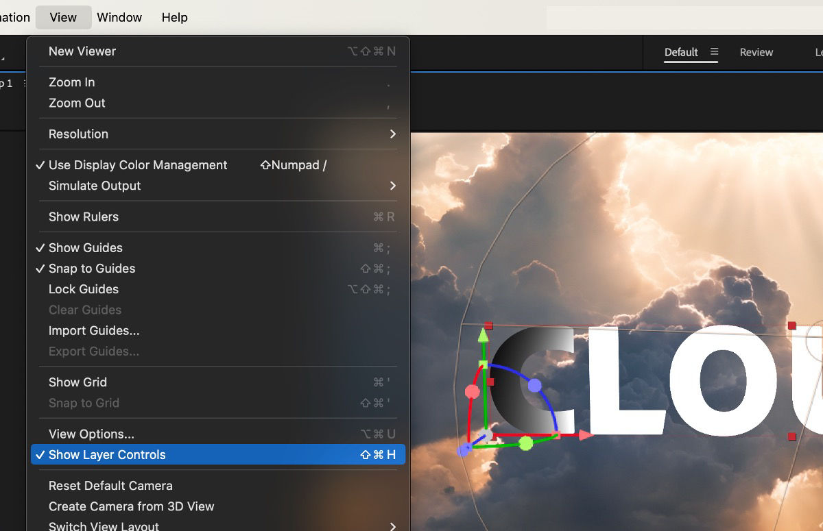 The View menu is open and the Show Layer Controls option is highlighted.