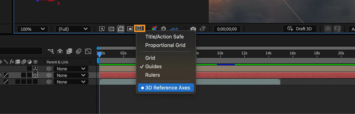 The 3D Reference Axes is selected from the Grid And Guides Options menu.
