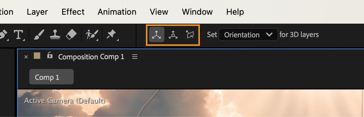 The Axis modes in the After Effects toolbar is highlighted.