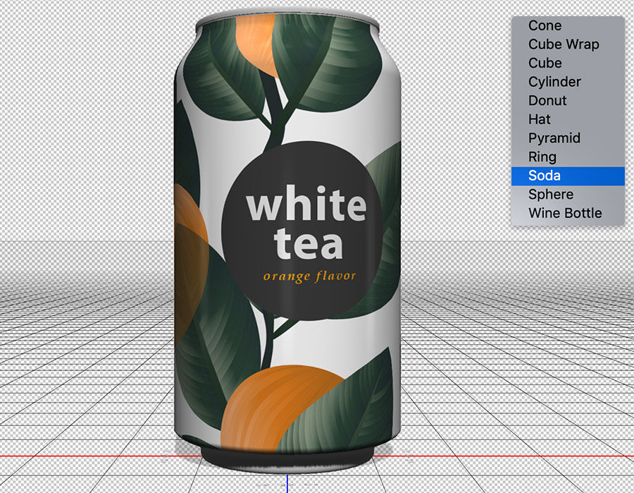 Soda can with 2D image label wrapped around it set in a 3D workspace, list of 3D presets with “Soda” selected on the right