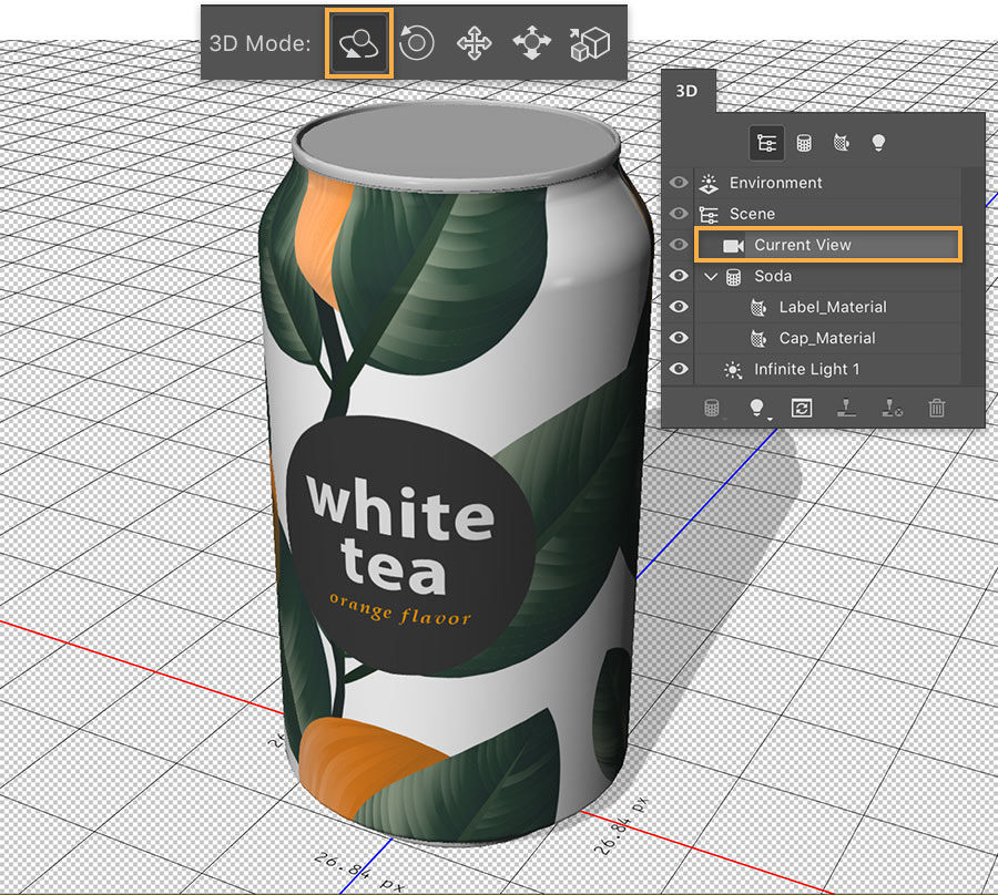 Can is angled, 3D mode options menu at the top with Orbit the 3D Camera tool selected, 3D panel shows current view selected
