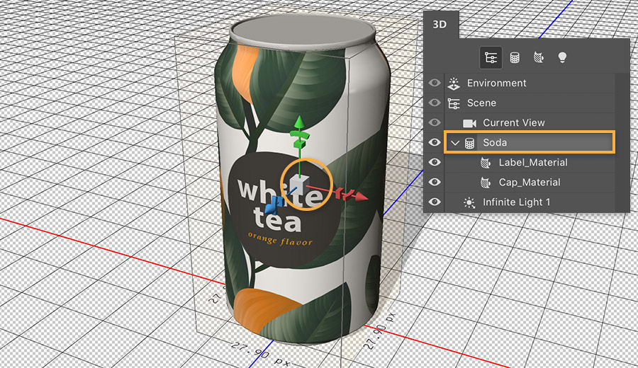 3D axis tool: green line is y-axis, red is x, and blue is z; 3D panel shows Label_material and cap_material under the soda