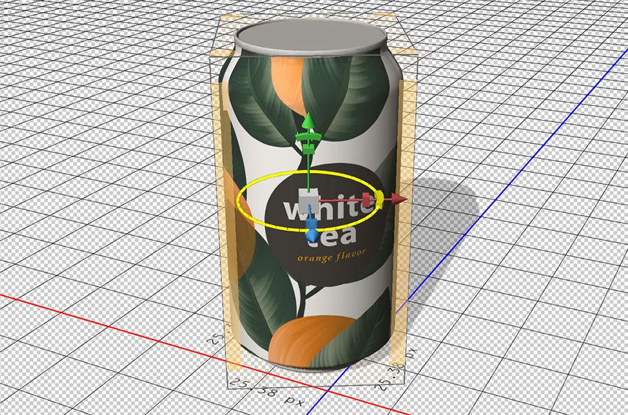 Yellow circle crosses x and z-axis, the can is rotated to the right