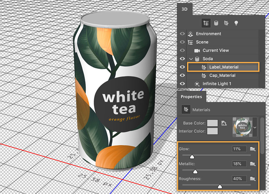 3D panel shows Label_material selected, Properties panel shows Glow=11%, Metallic=18%, Roughness=40%