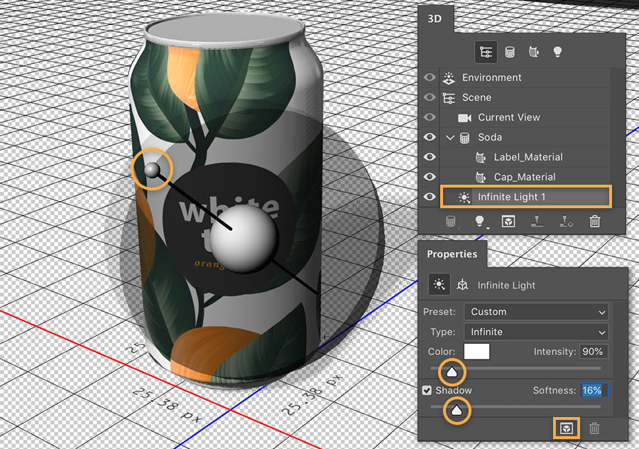 3D panel shows infinite light setting selected; Properties panel shows Color=white, intensity=90%, Shadow is checked, softness is 16%, and Render icon selected