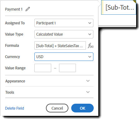 Dynamic configuration of a payment field