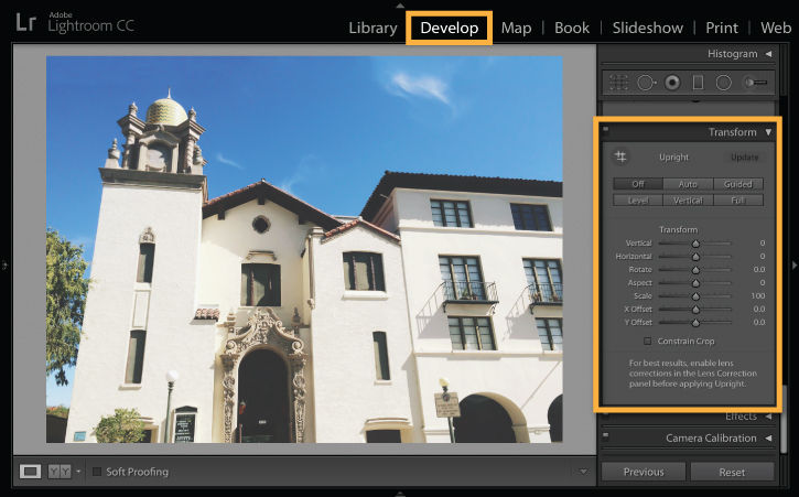 The Develop module is open in Lightroom Classic to adjust the distorted image taken from a low angle.