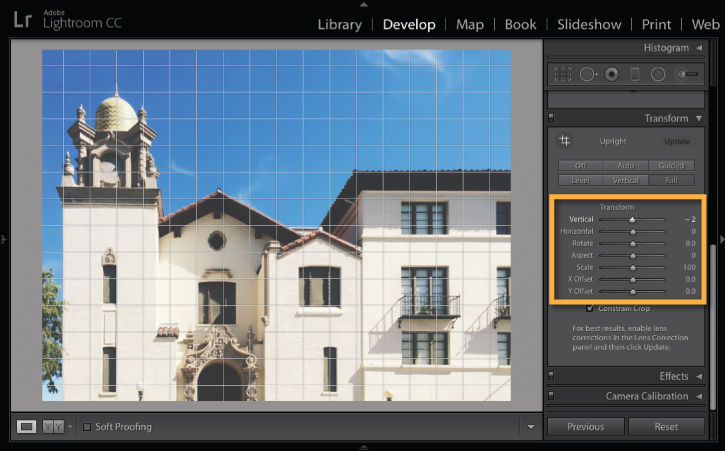 Manually adjusting an image with the sliders in the Transform panel gives greater flexibility, and a grid helps align angles.