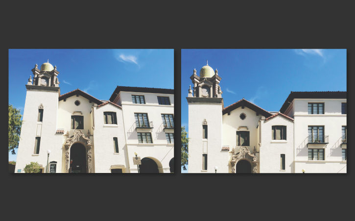 Before: Image of home taken from low angle appears distorted. After: Perspective is corrected and home image appears natural.