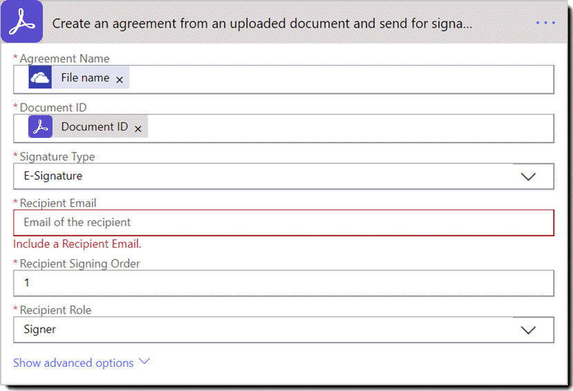 Action: Create an agreement from an uploaded document and send for signature