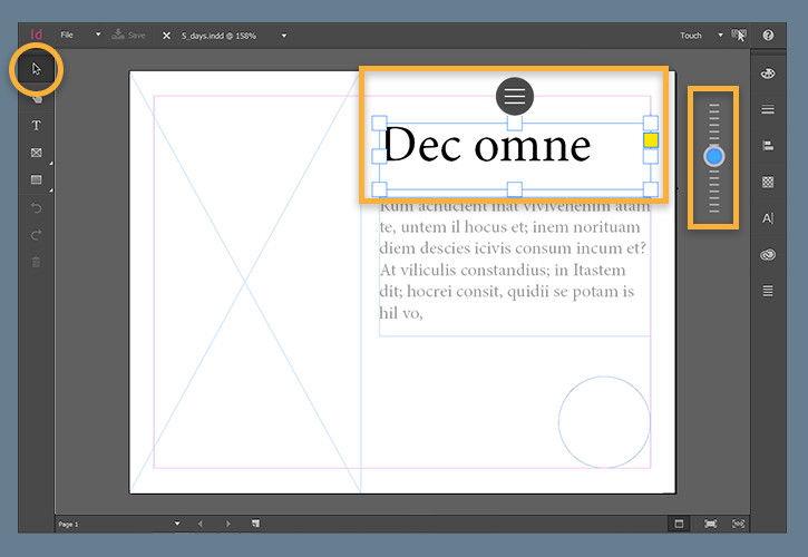 Objects may be moved on the page, resized with the slider tool, or cut, copied, and pasted with the options widget.