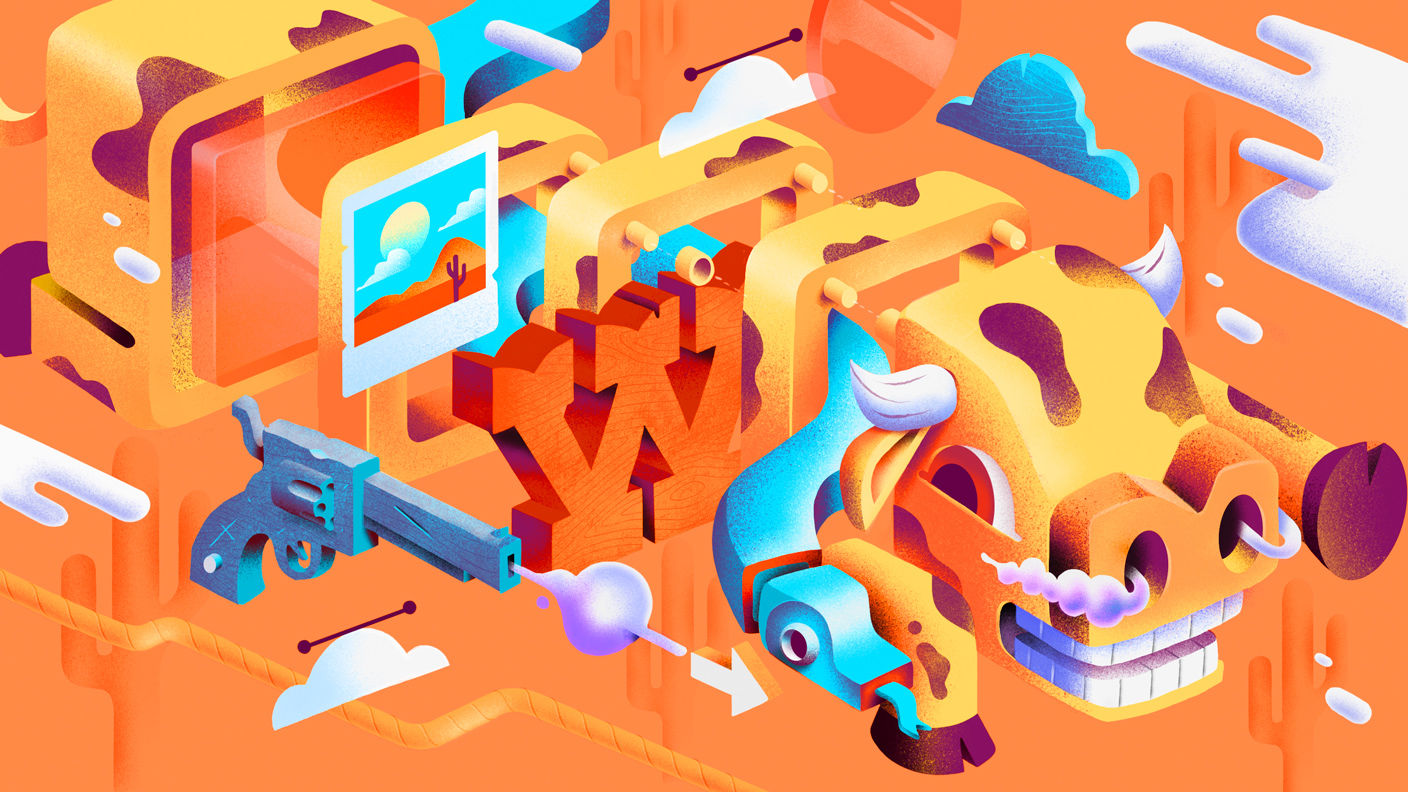 Yellow and orange hued abstract design of dragon flying, clouds, gun, Polaroid photo, whistle, cacti, and rope. 