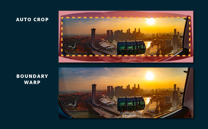 Top: Auto Crop cuts off important details from panorama. Bottom: Boundary Warp merges photos and preserves important details