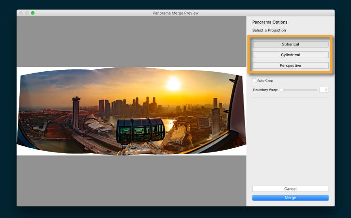 Spherical projection option is selected, and panorama has uneven borders on each side.