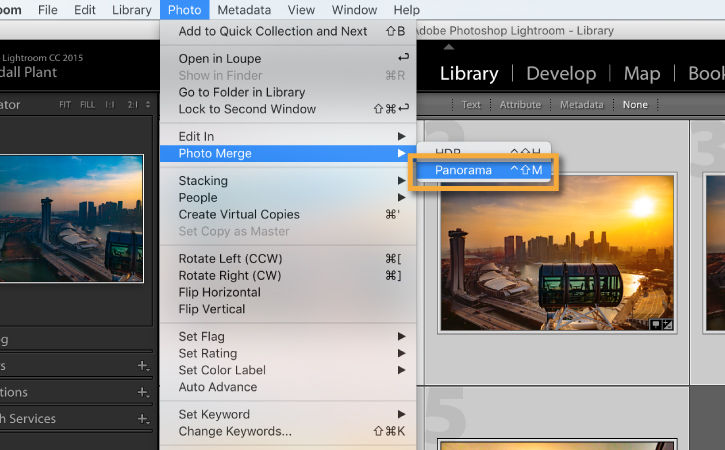 Library module shows selected photos to combine and Photo > Photo Merge > Panorama highlighted.