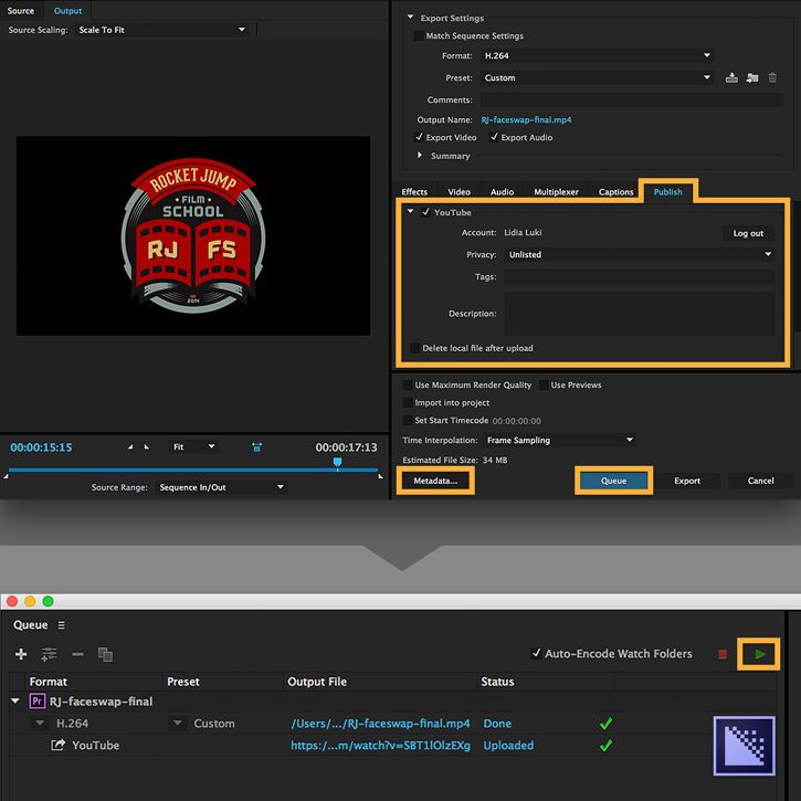 File is exported directly to YouTube channel. Privacy settings updated, Metadata entered, then Queue > Start Queue clicked.